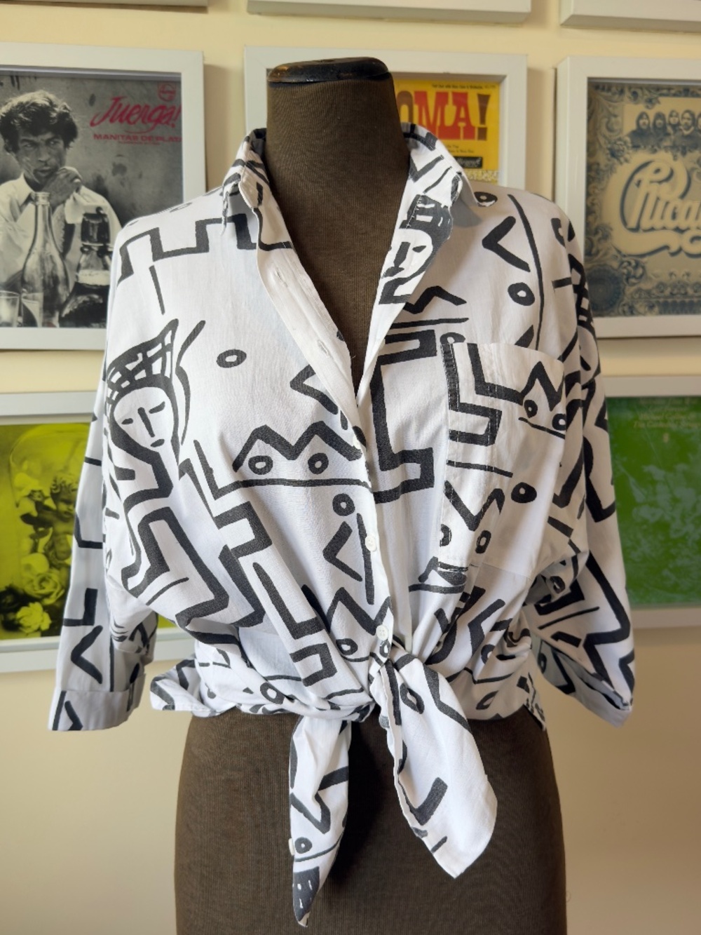 Vintage 80s/90s Abstract Tribal Print Button-Up Shirt | Black & White Oversized